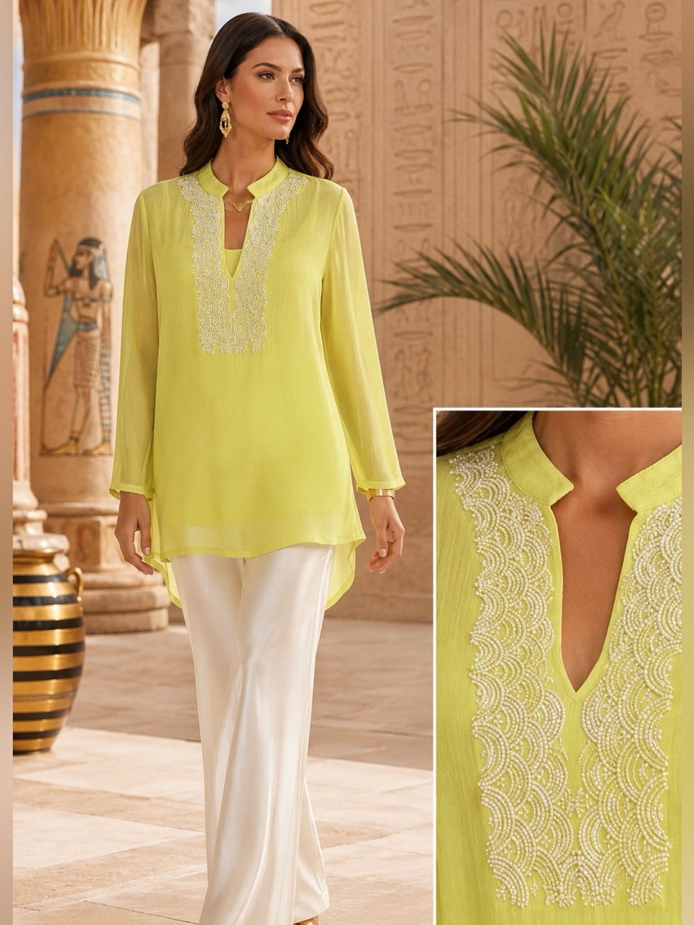 CHICO’S lime green lined tunic with white bead embellishments.